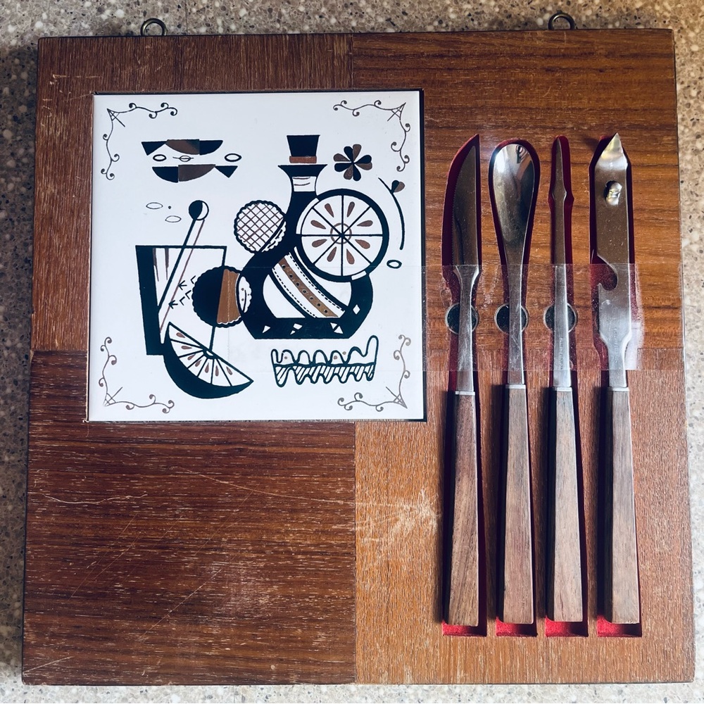 Mid-Century Wood & Tile Cheese Serving Board with Cutlery - Brown & Cream